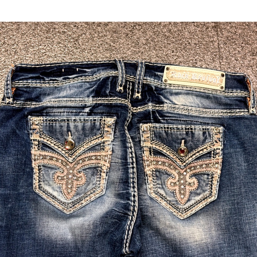 Rock Revival Crimson Straight Jeans Womens 29 Blue Good Rhinestone Embellished